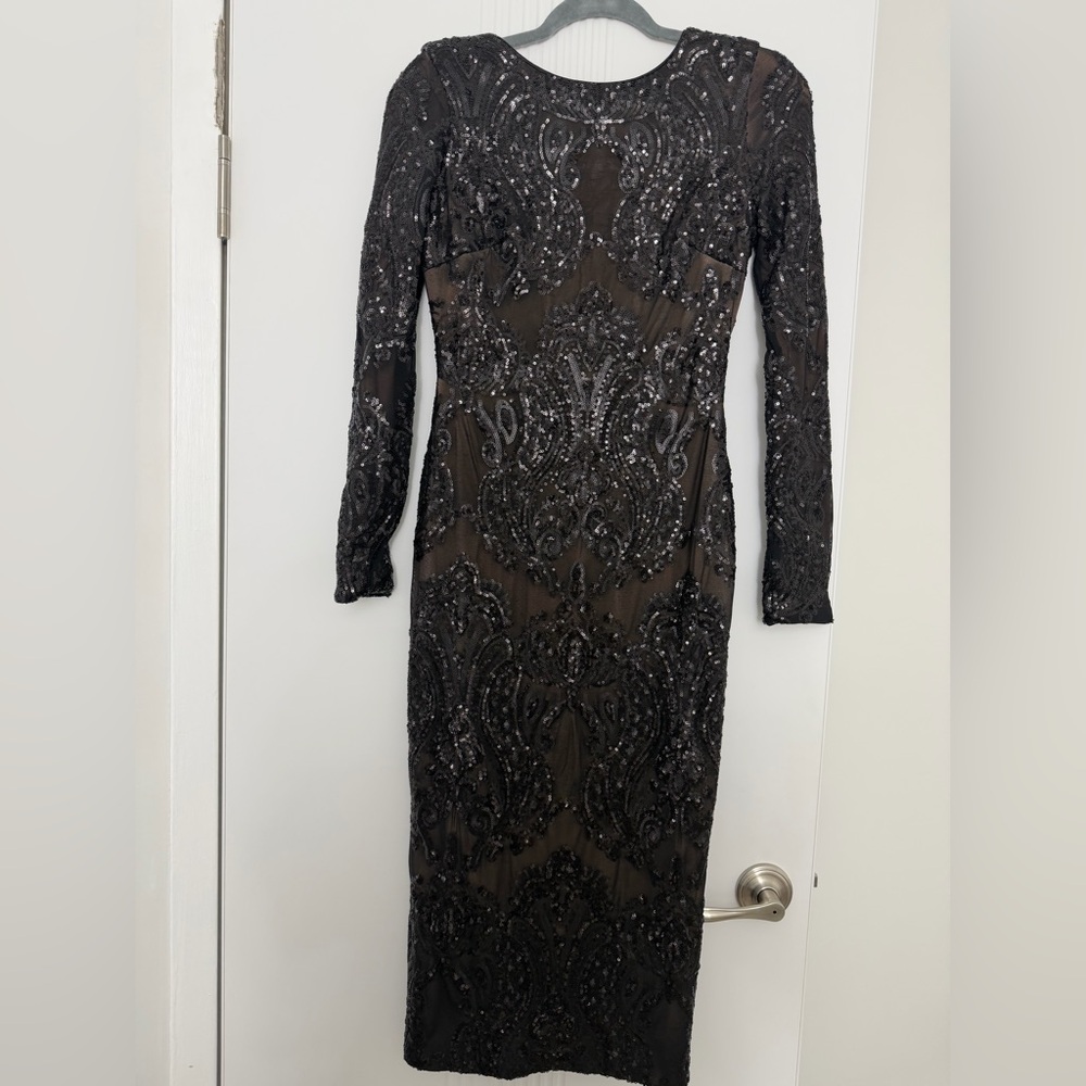 Dress the Population Black Long-Sleeve Sequin Sheath Dress